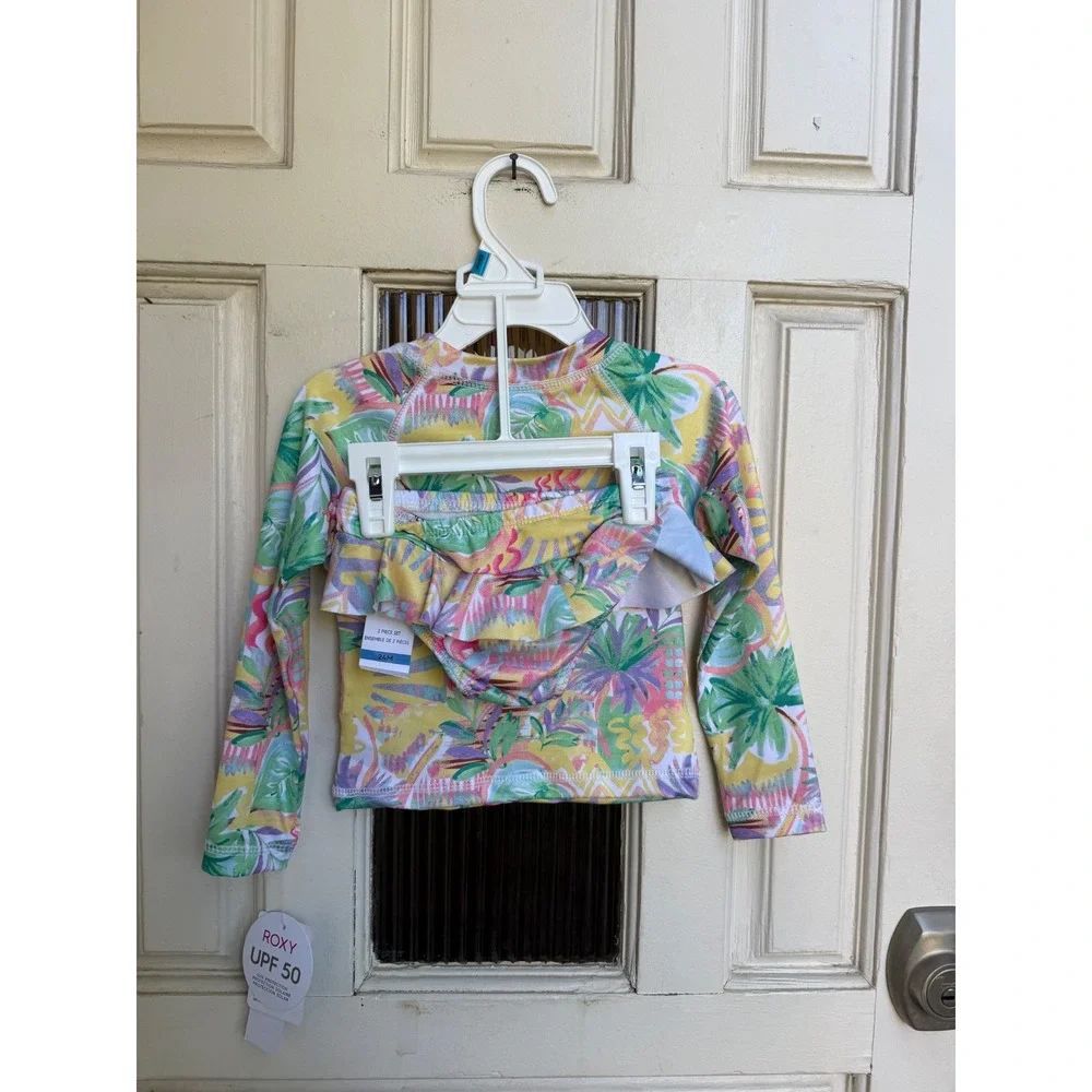 Roxy Kids 2 Piece Rash Guard UPF 50 Tropical Print Yellow Pink Size 24 Months
